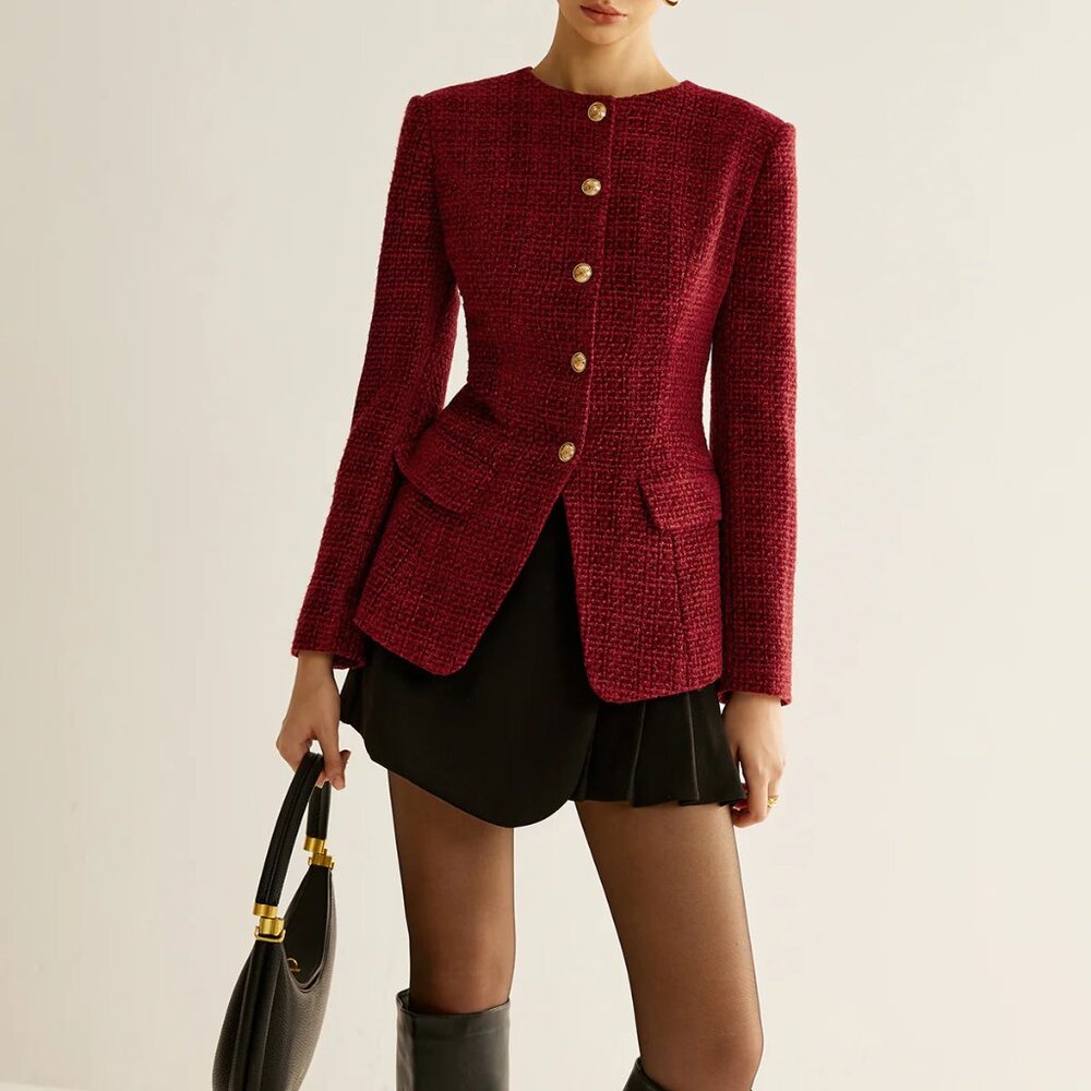 Burgundy Button Down Slit Tweed Blazer